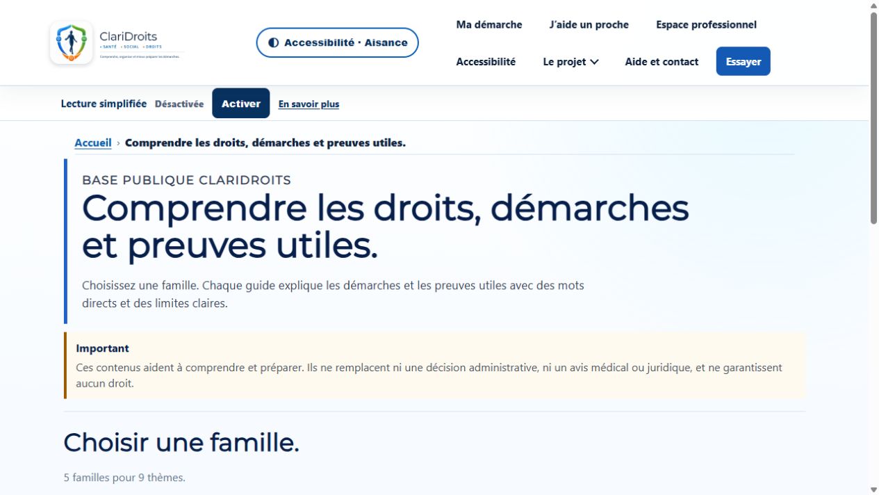 Aperçu de la base publique ClariDroits présentant des guides pour comprendre les droits, les démarches et les preuves utiles
